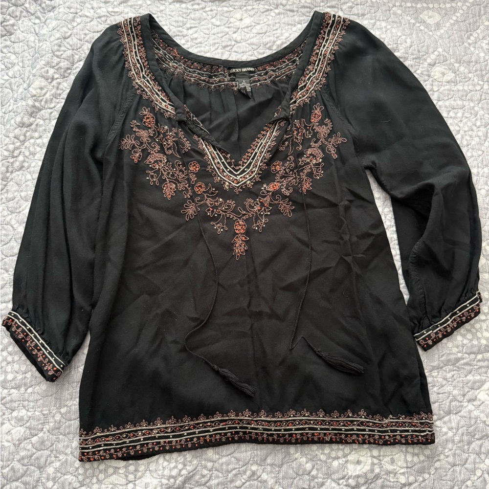 🪼Lucky Brand Black Blouse with Embroidery